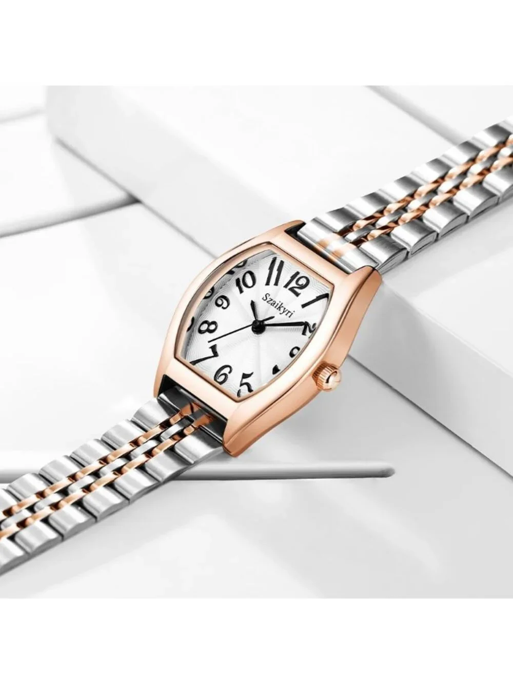 Women's Silver & Rose Gold-Black Barrel-Shaped Easy Read Arabic Numerals Watch